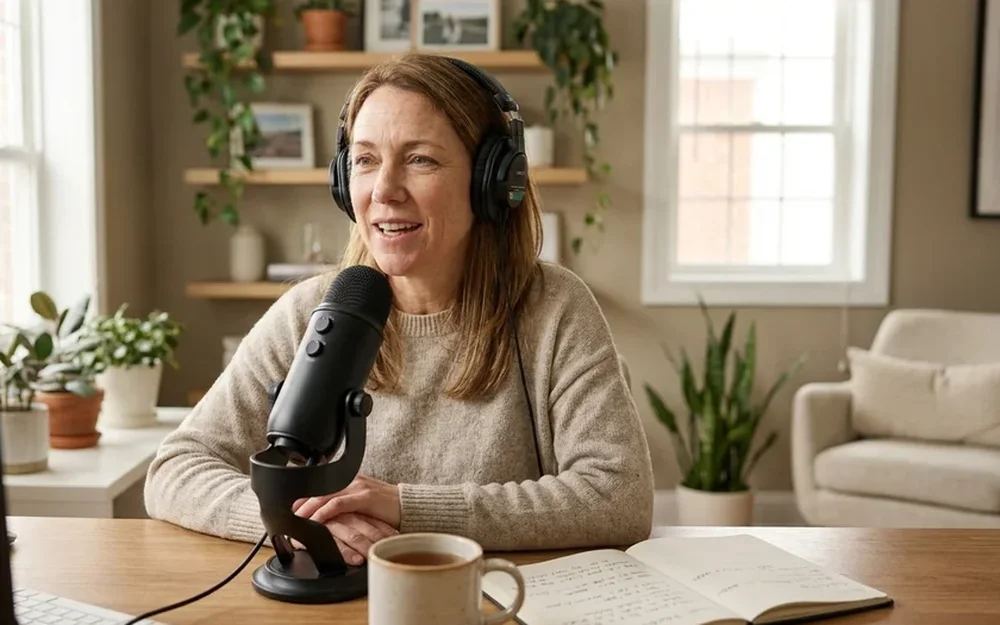 Emma Collins recording The Morning Plate podcast